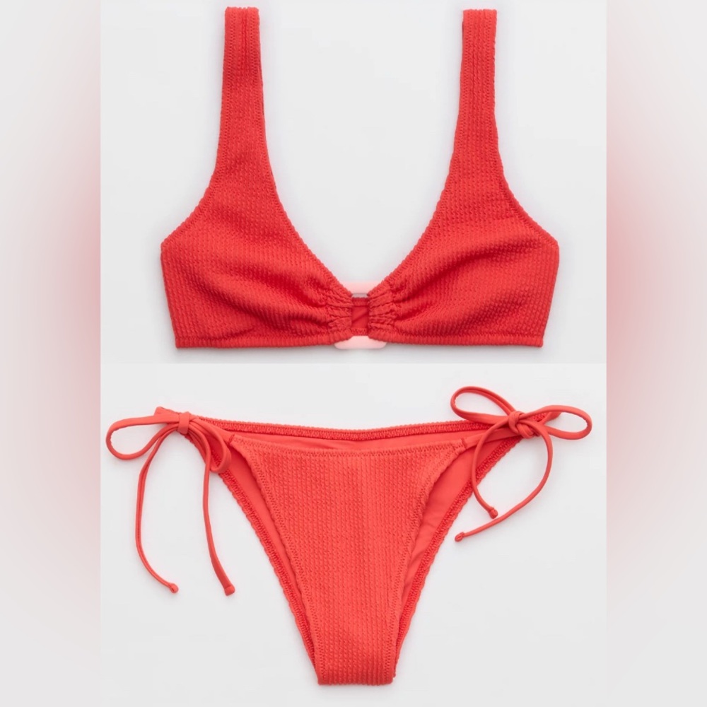 NWT Aerie FULL SET Crinkle Ring Wide Strap Scoop Top + String Tie Bottom Red